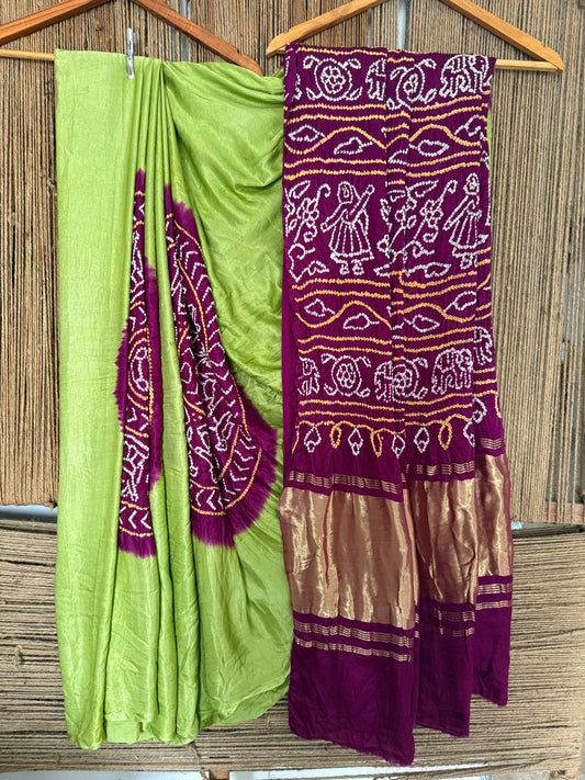Olive green &  magenta purple gajji silk rai bandhani chakra theme gajji sari