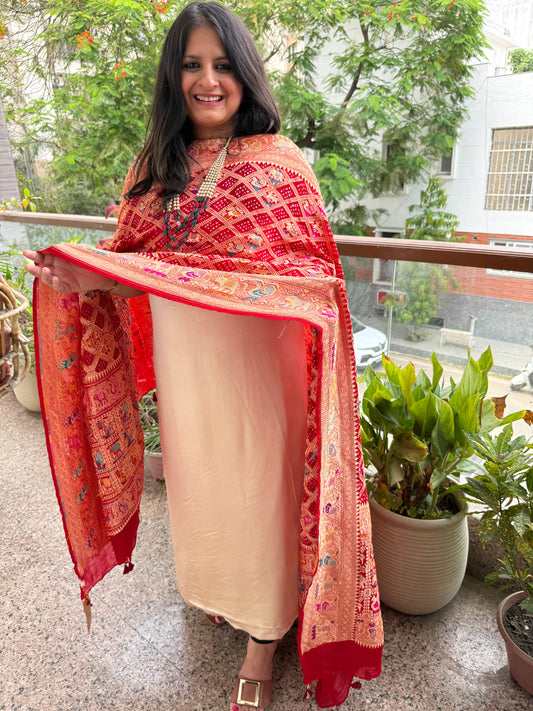 Ivory and red  shade handwoven bareek bandhani meena kari jaal   in premium georgette kurta set