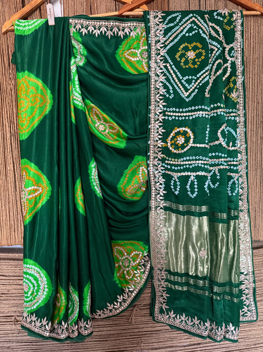 Green chakra theme rai bandhani gajji silk sari with handembroidery gotta patti