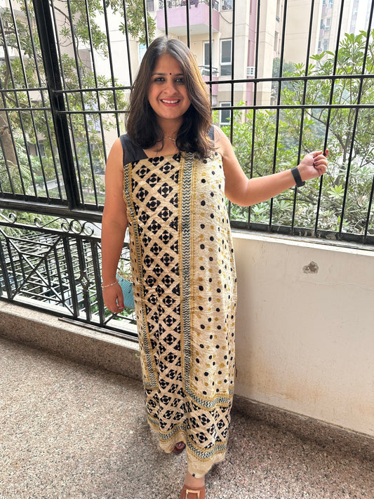 Ivory panel beautiful handcrafted ajrakh silk velvet kurta