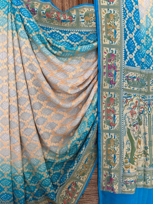 Azure blue ombrã© handwoven rai  bareek bandhani saree meenakari jaal with khaddi georgette  mks-12