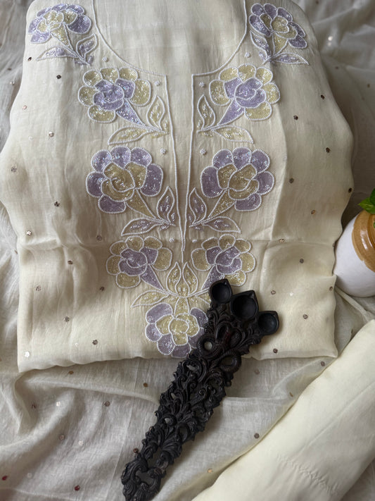 Canary yellow chanderi lucknowi chickenkari with moti  cutdana work hand embroidery three piece suit