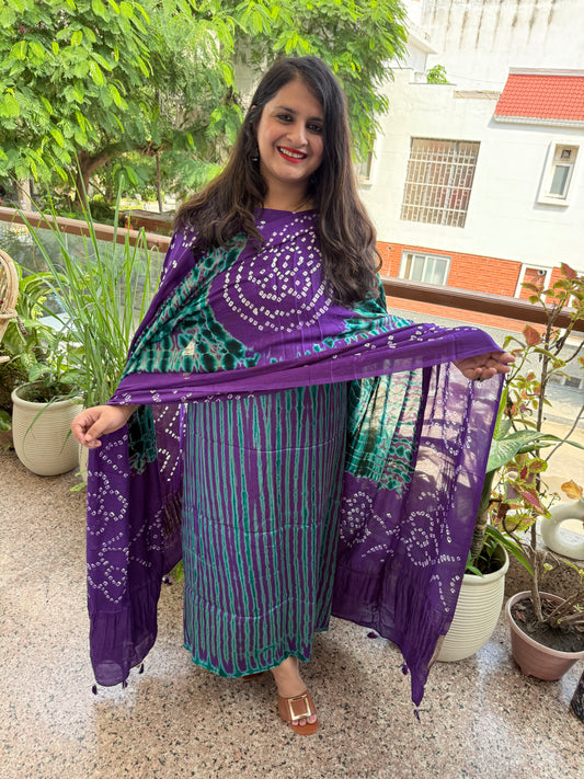 Violet purple & green modal silk shibori kurta with bandhani shibori  handcrafted modal silk dupatta sbs-6