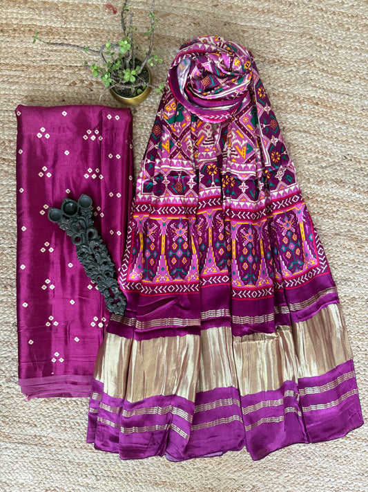 Magenta purple mashru silk kurta with patola handcrafted modal silk dupatta ps-238