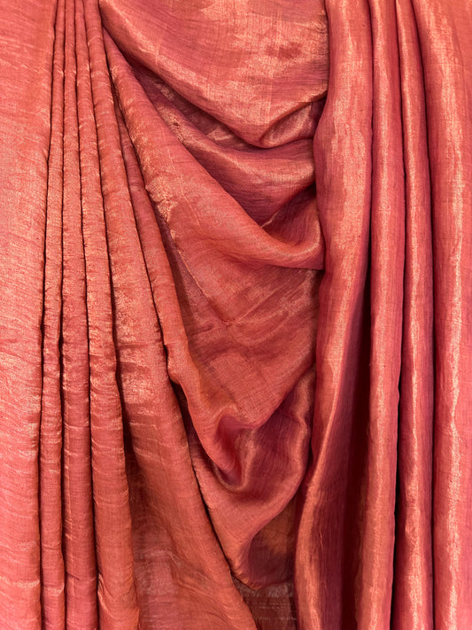 006 rust maroon golden metallic linen sari with silver woven  border and tassels