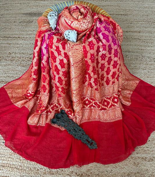 Red & Pink  handwoven neemzari bareek bandhani in khaddi georgette dupatta