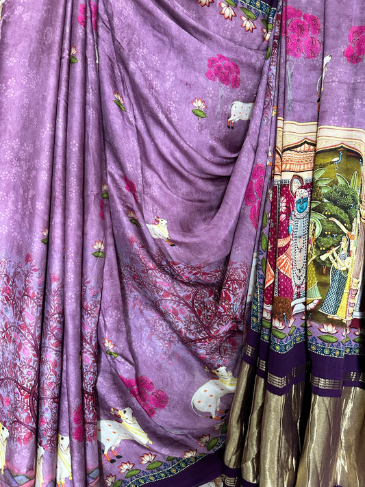 Purple pichwai  modal silk patola print sari with zari border pms- 1044