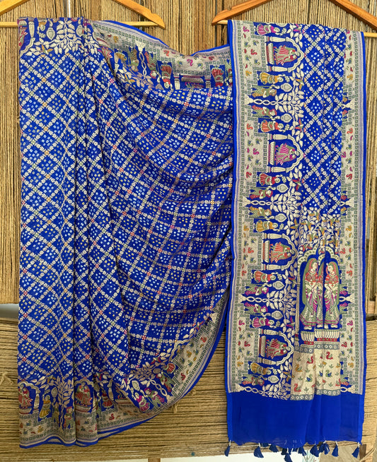 Indigo biue handwoven rai  bareek bandhani saree meenakari jaal with khaddi georgette  mks-12