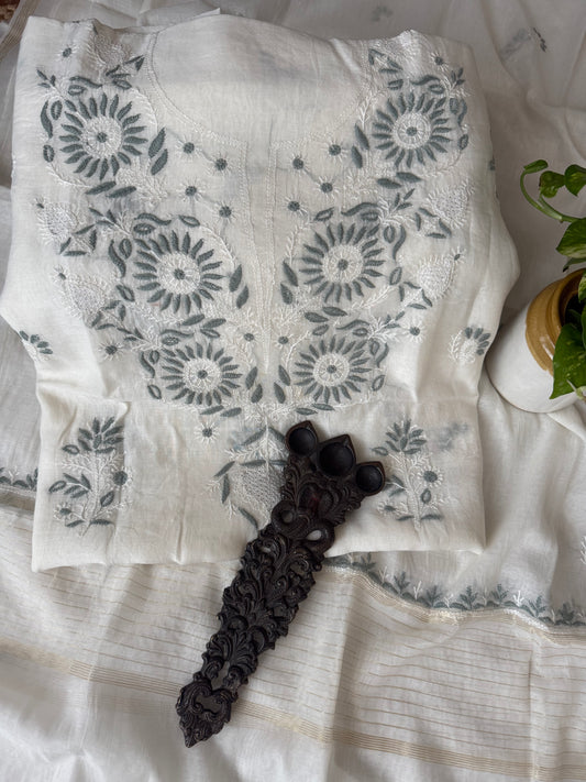 White & light gray jaal embroidery premium mull chanderi lucknowi chickenkari three piece suit