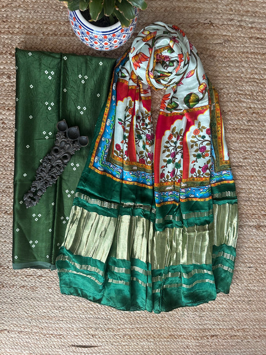 Green 3bandhani mashru silk kurta with patola handcrafted modal silk dupatta ps-10145
