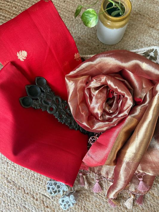 Crimson red kora silk certified handloom banarsi kadwa booti three piece suit   cbs-55