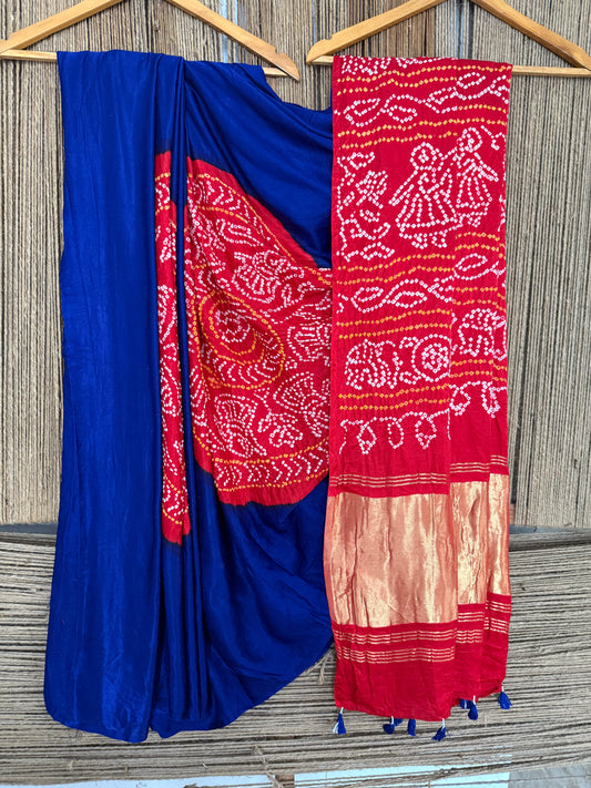 Ink blue & red gajji silk rai bandhani chakra theme gajji sari