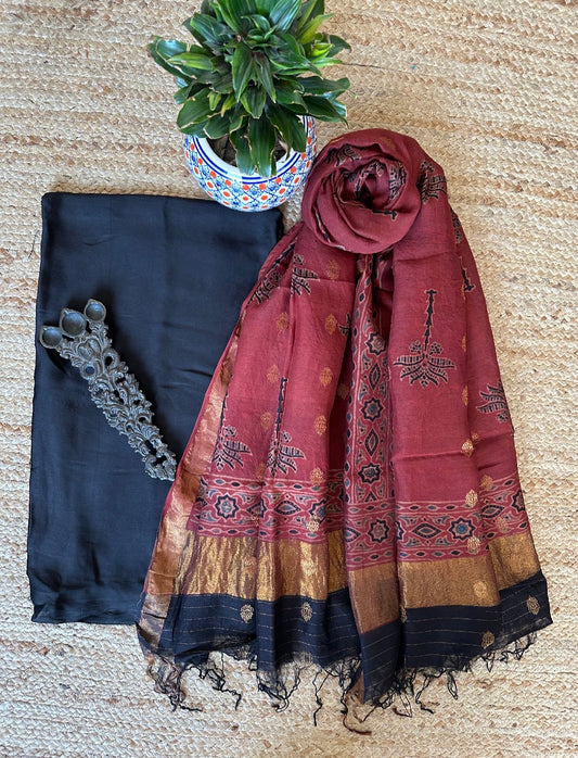 Black  modal silk kurta with chanderi coin butti handcrafted chanderi silk dupatta with zari border