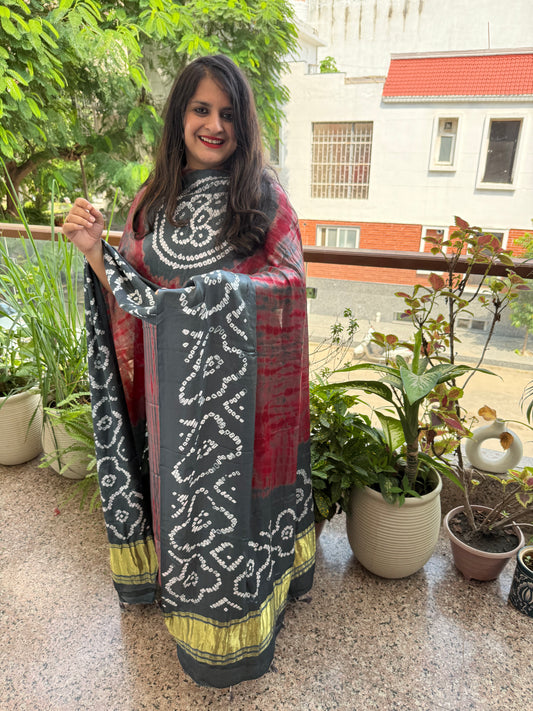 Grey and maroon modal silk shibori kurta with bandhani shibori  handcrafted modal silk dupatta sbs-7