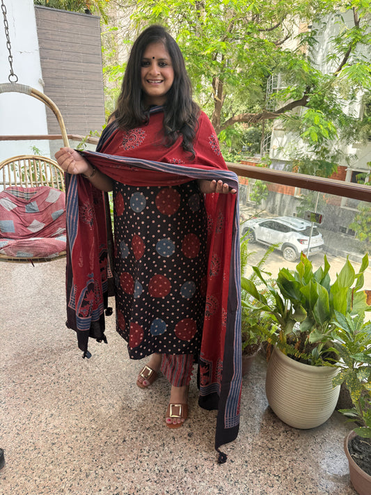 Maroon & black ajrakh contemporary cotton handblock kurta set