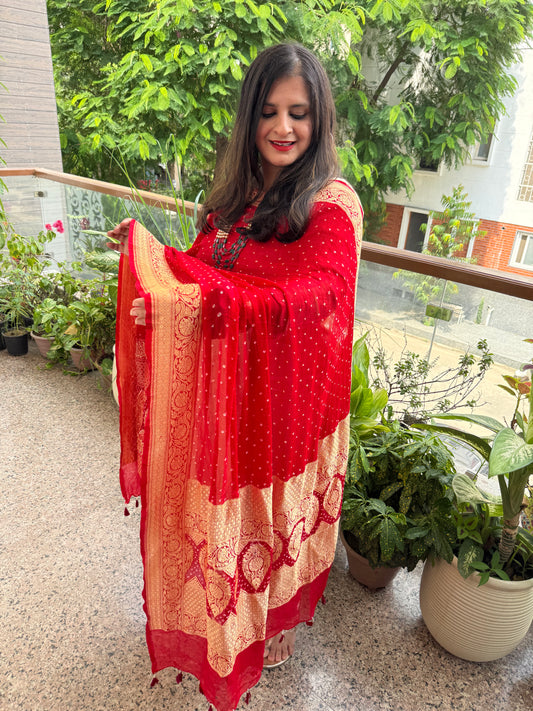 Crimson red handwoven neemzari bareek bandhani in khaddi premium georgette dupatta bd-202