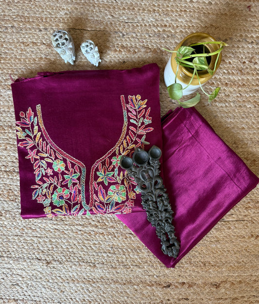 Magenta purple mashru silk hand embroidery kashmiri handembroidery sozni work cord set cs-11
