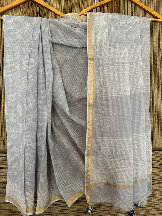 Periwinkle blue kota doria handblock sari