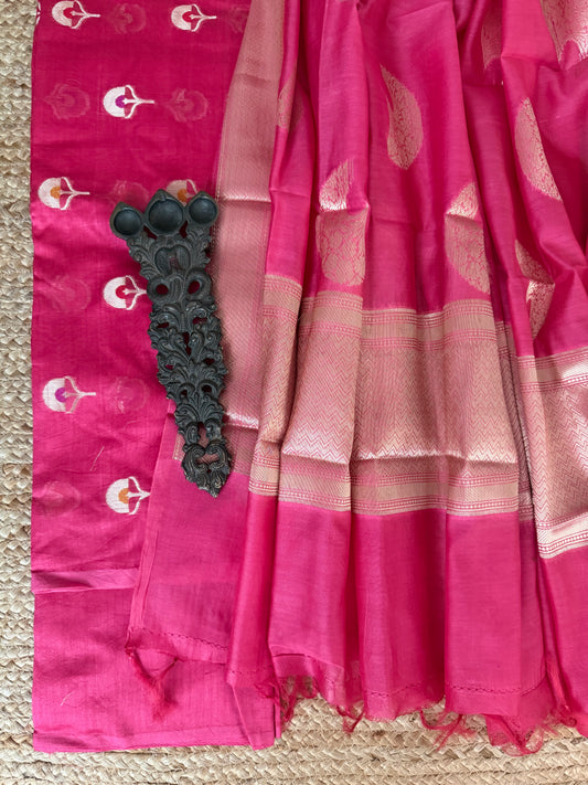Pink chanderi handloom  banarsi booti three piece suit