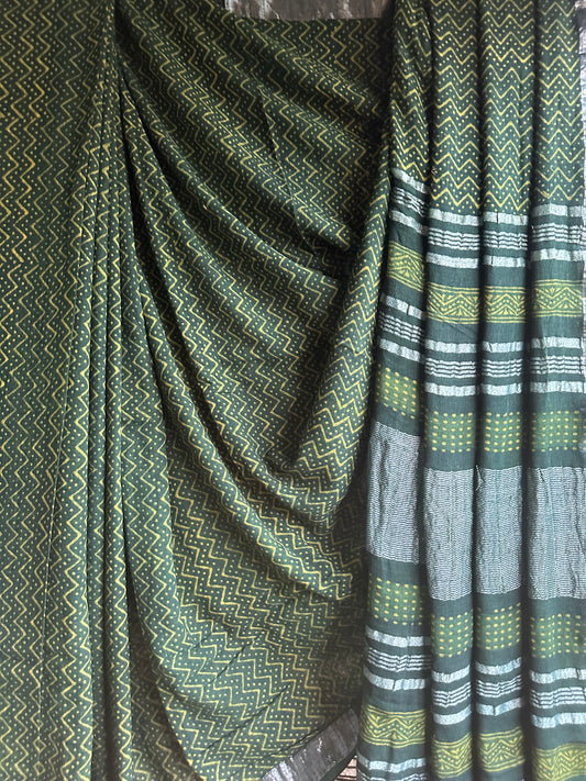 Green  akola linen zari woven handblock sari