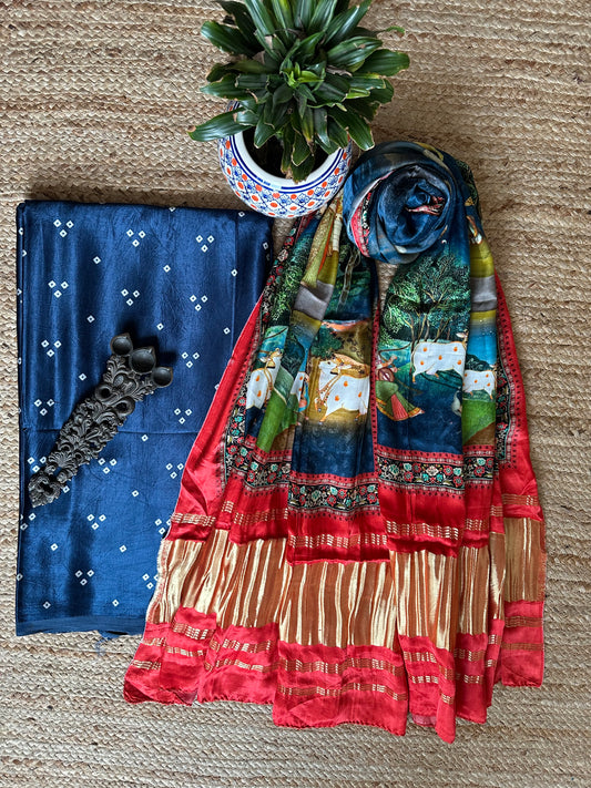 Navy blue mashru silk kurta with patola print modal silk dupattas ps-1022
