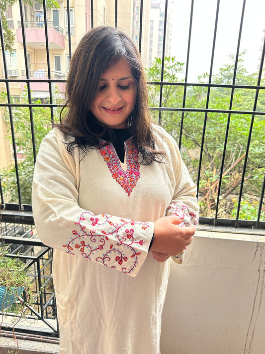 Elegant raffal pheran with jaal embroidery and hand sozni work