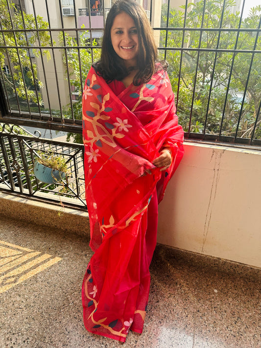 Dark pink jamdani handwoven pure muslin silk sari