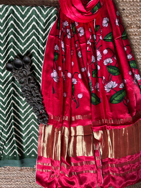 Green zigzag mashru silk kurta with patola handcrafted modal silk dupatta ps-203
