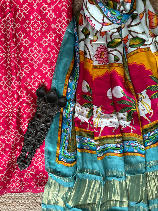 Pink patola mashru silk kurta with patola handcrafted modal silk dupatta ps-10