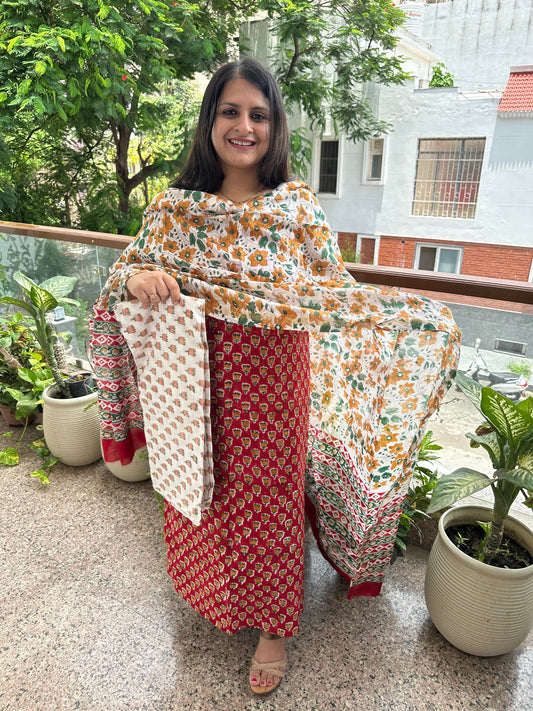 Red chanderi hand block suit set  cbs-53