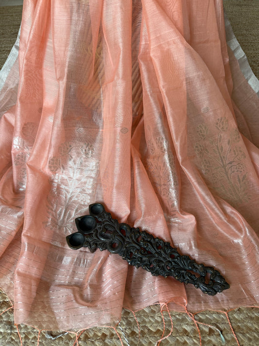 Light peach pink chanderi silk handloom dupatta