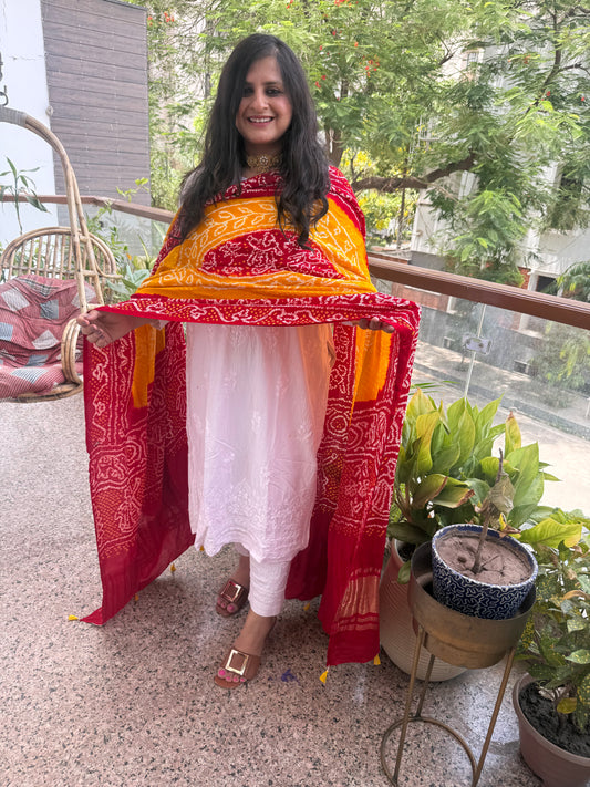Red & yellow handwoven handcrafted gajji silk chandmukhi dupatta