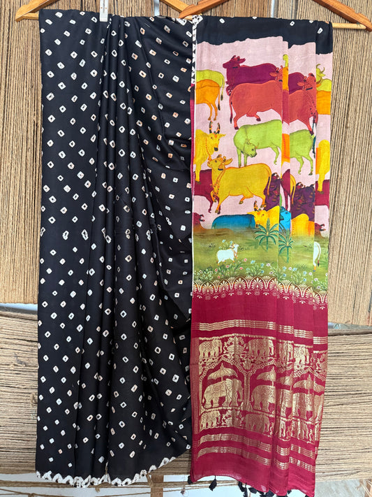 Black & maroon modal silk bandhani  sari with pichwai print bps 48