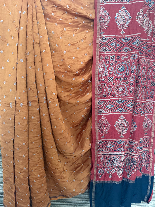 Ochre yellow chanderi silk bandhani handcrafted ajrakh sari