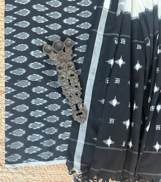 Black & white merchandise cotton hanwoven kurta with ikkat pure cotton silk patola handwoven dupatta