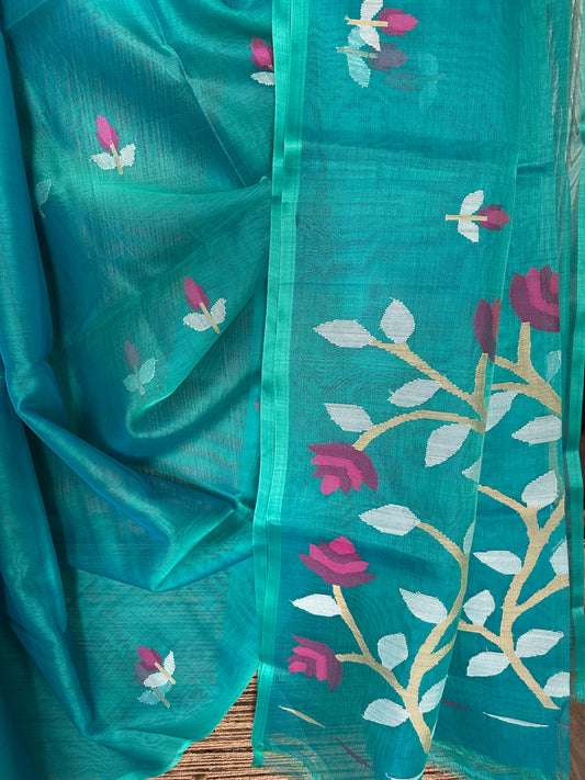 Cyan blue jamdani handwoven pure muslin silk sari