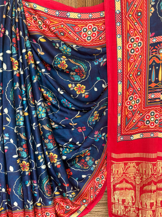 Navy blue patola modal silk kalamkari print sari with zari border pms-10151