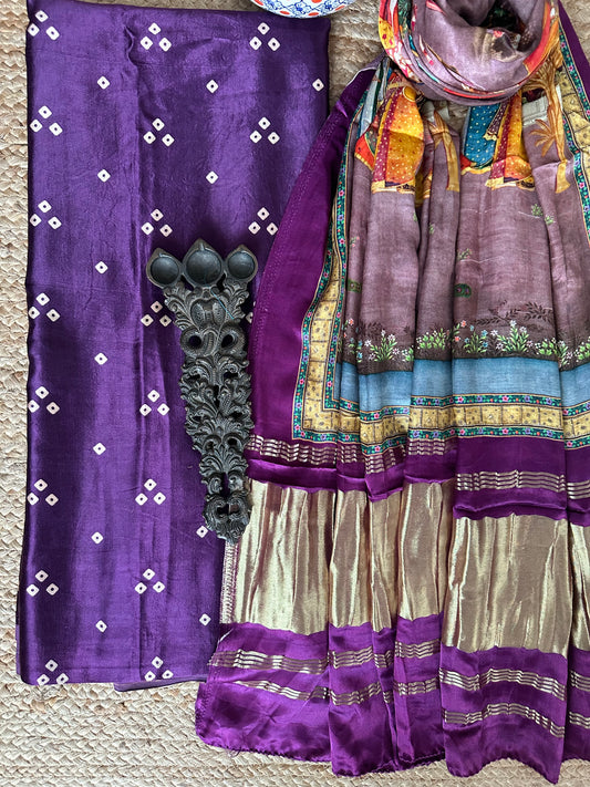 Purple three dots mashru silk kurta with patola handcrafted modal silk dupatta ps-37