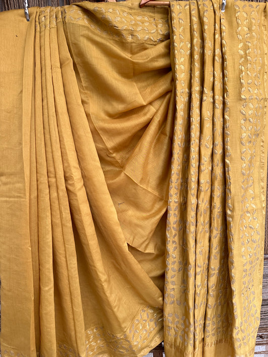 Yellow chanderi silk handcrafted applique sari