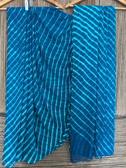Ocan blue leheriya handcrafted  chiffon sari