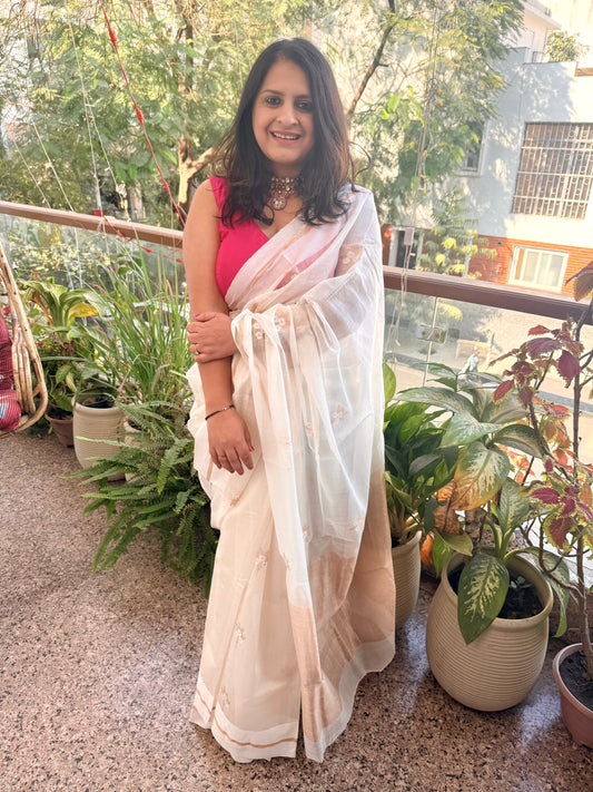 Ivory cream chanderi butta weave silk handloom sari