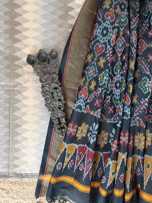 White &  gray ikkat pure silk cotton hanwoven kurta with ikkat pure silk patola handwoven dupatta