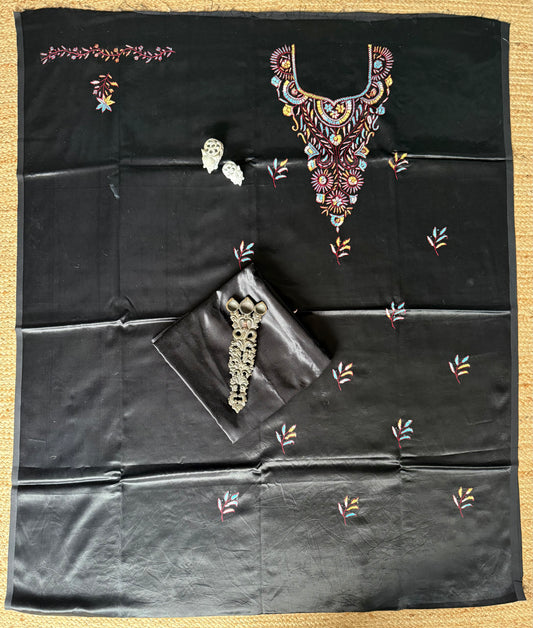 Black mashru silk hand embroidery kashmiri handembroidery sozni work cord set cs-15