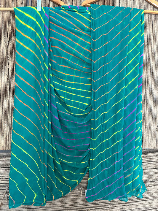 Mint green multi leheriya handcrafted  chiffon sari