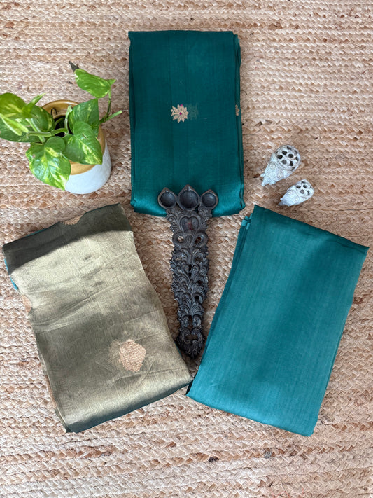 Deep sea green kora silk certified handloom banarsi kadwa booti three piece suit