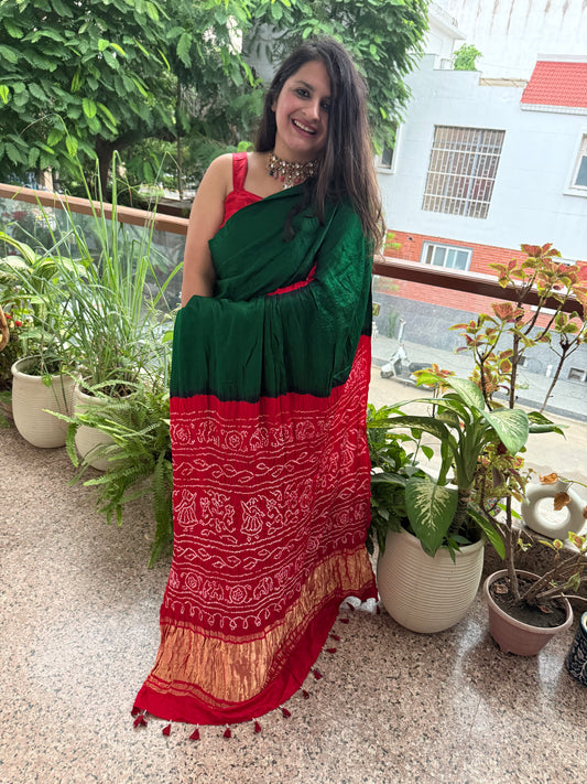 Bottle green & red gajji silk rai bandhani chakra theme gajji sari