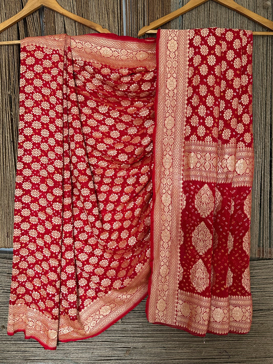 Love red handwoven neem zari bareek bandhani saree with khaddi georgette bs- 8