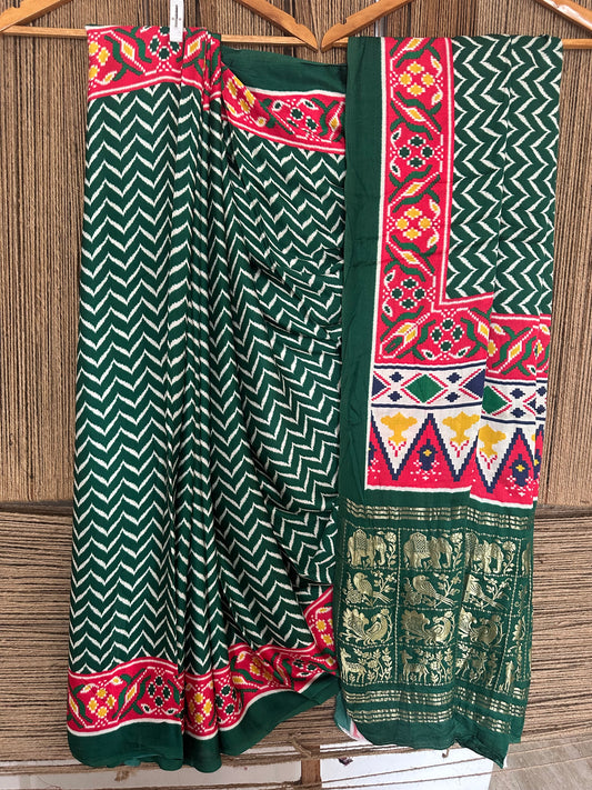 Bottle green patola modal silk patola print sari with zari border pms-10150