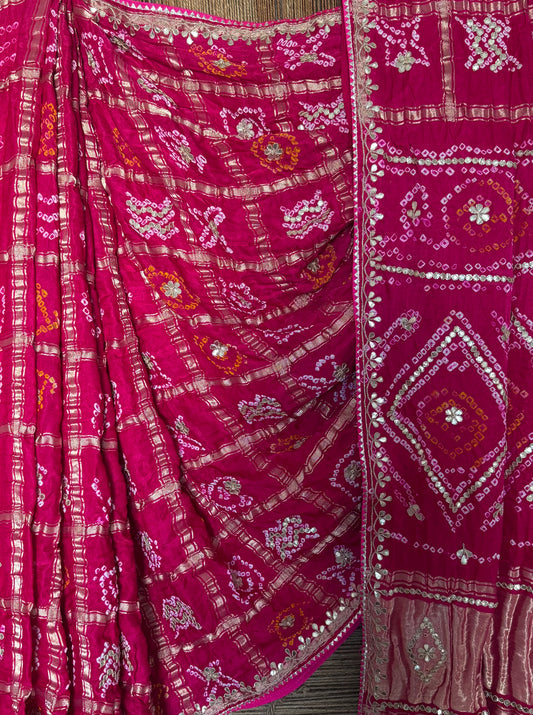 Deep pink rai bandhani gharchola gajji silk sari with handembroidery gotta patti  bs- 405