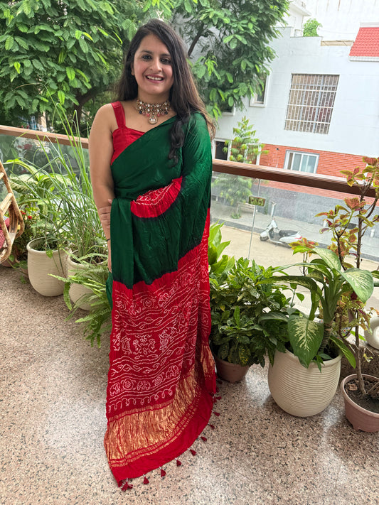 Bottle green & red gajji silk rai bandhani chakra theme gajji sari